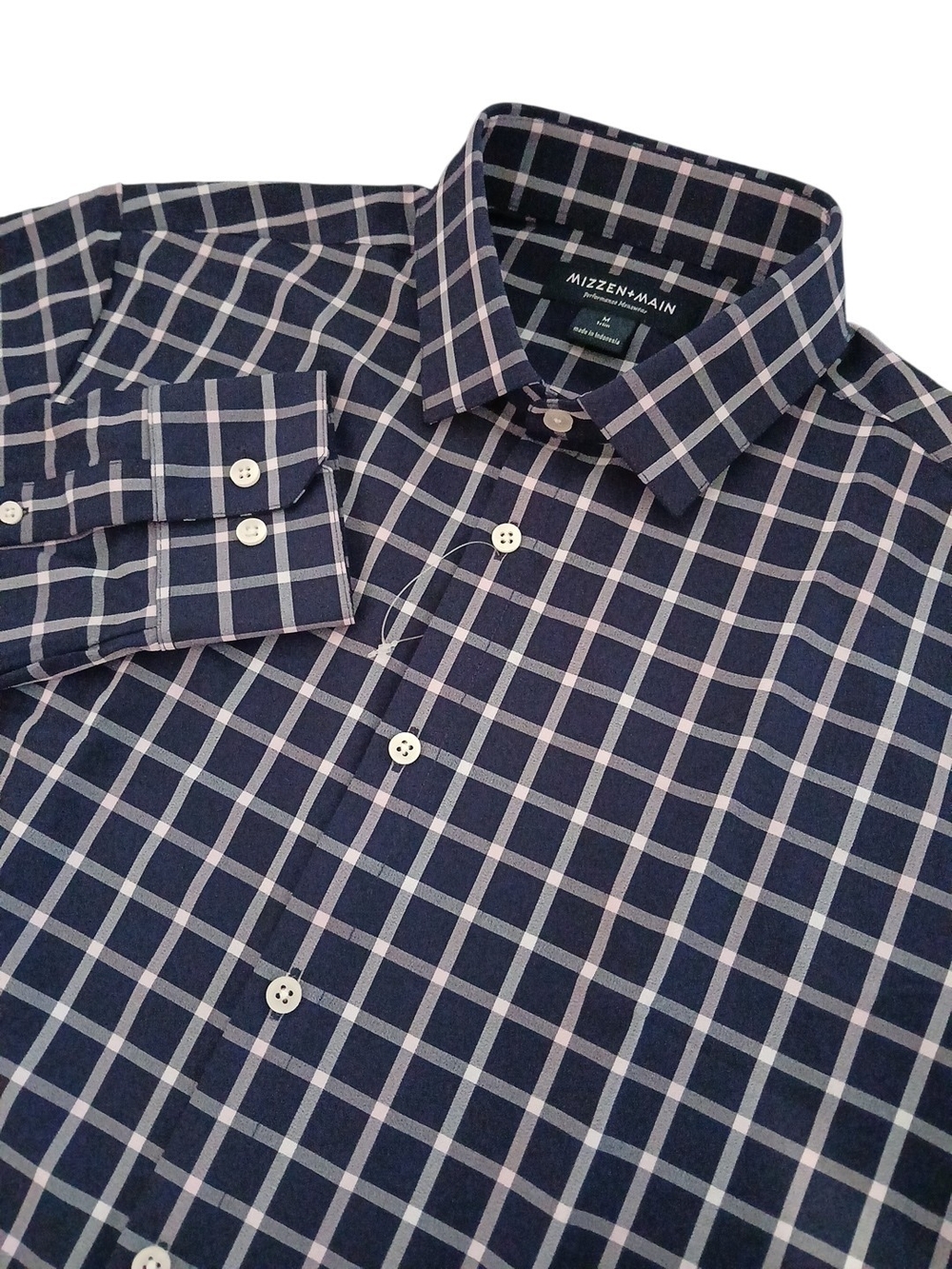 Mizzen+Main Performance Menwear  Navy & White Windowpane Dress Shirt Medium Trim